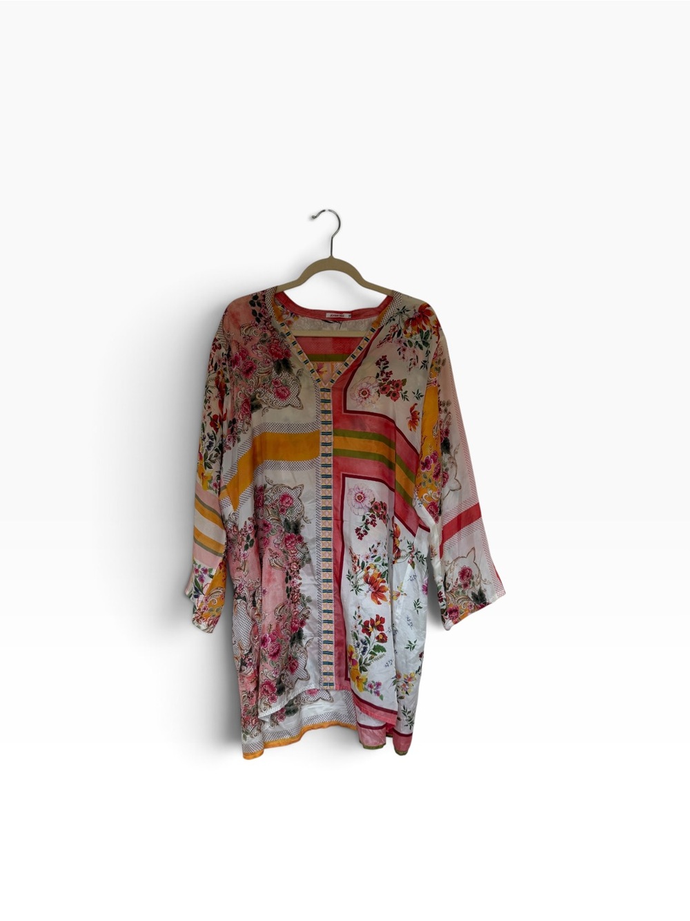 Johnny Was Rosemarie 100% Silk Boho Resortwear Artisan Tunic Top Blouse Size XL